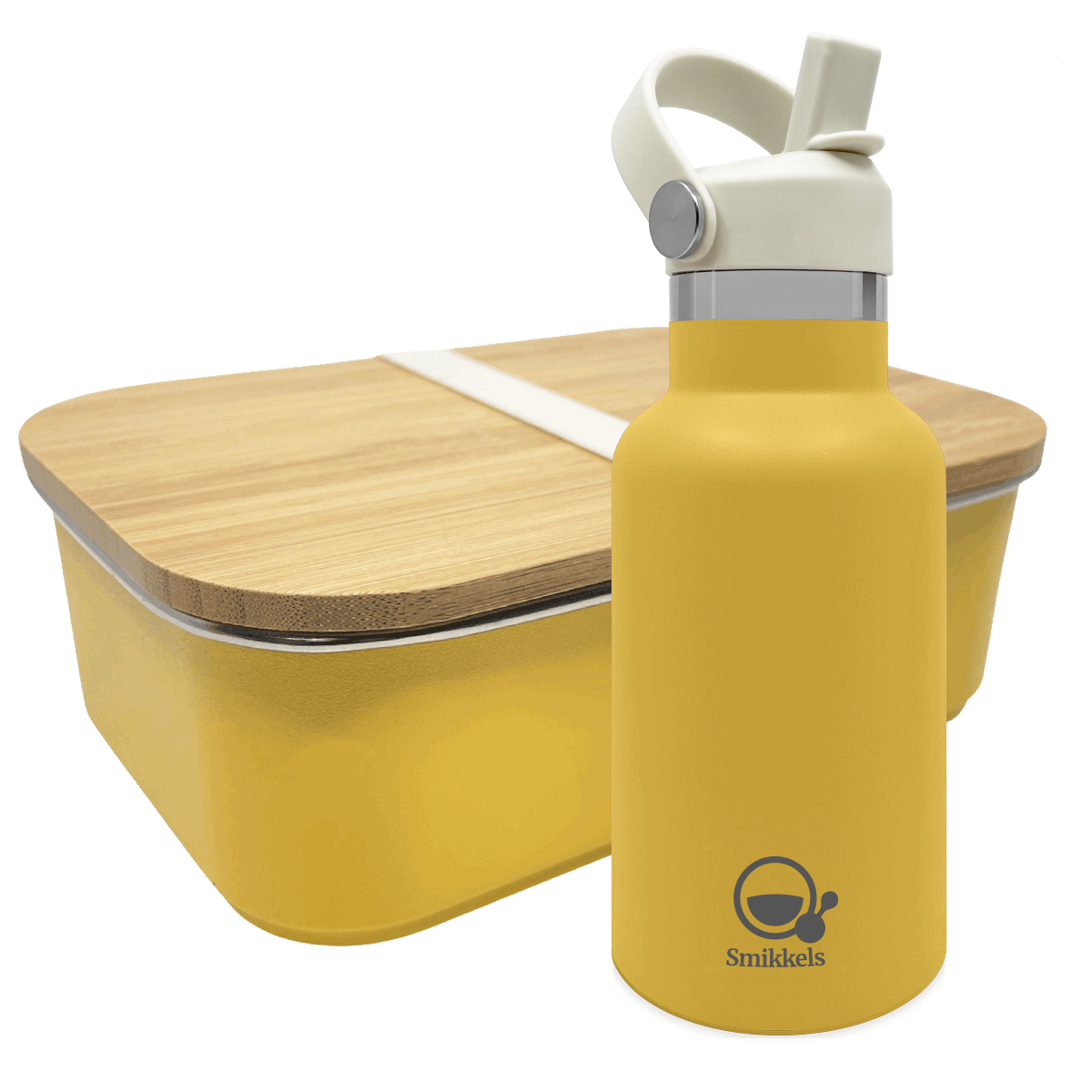 Smikkels set RVS thermos drinkfles en RVS lunchbox met bamboe deksel Geel