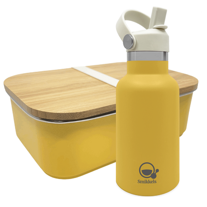 Smikkels set RVS thermos drinkfles en RVS lunchbox met bamboe deksel Geel