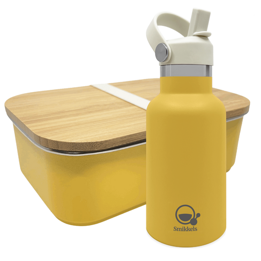 Smikkels set RVS thermos drinkfles en RVS lunchbox met bamboe deksel Geel