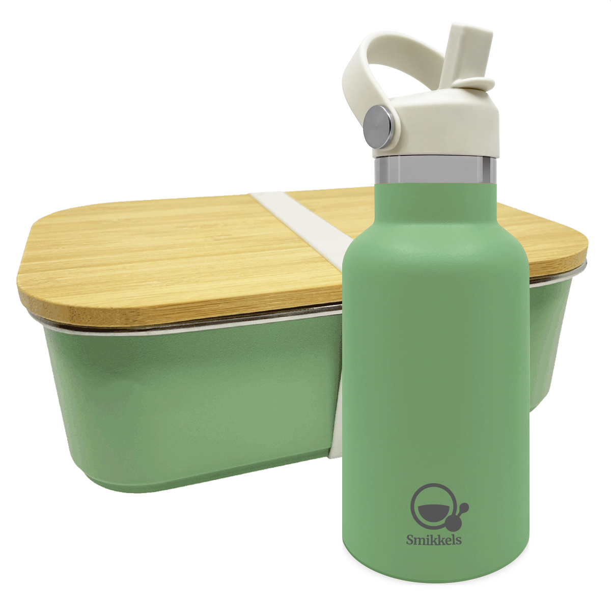 Smikkels set RVS thermos drinkfles en RVS lunchbox met bamboe deksel Groen