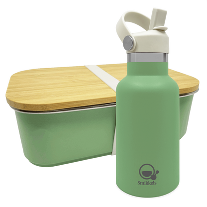 Smikkels set RVS thermos drinkfles en RVS lunchbox met bamboe deksel Groen