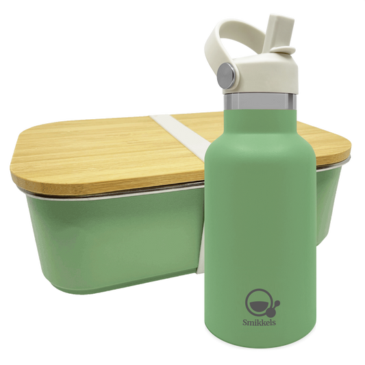Smikkels set RVS thermos drinkfles en RVS lunchbox met bamboe deksel Groen