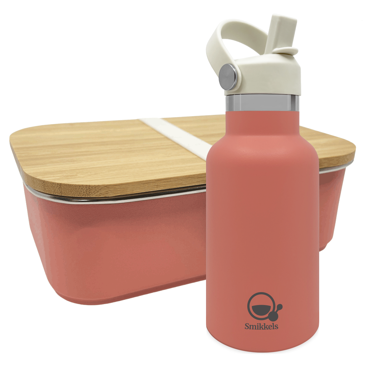 Smikkels set RVS thermos drinkfles en RVS lunchbox met bamboe deksel Roze