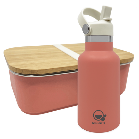 Smikkels set RVS thermos drinkfles en RVS lunchbox met bamboe deksel Roze