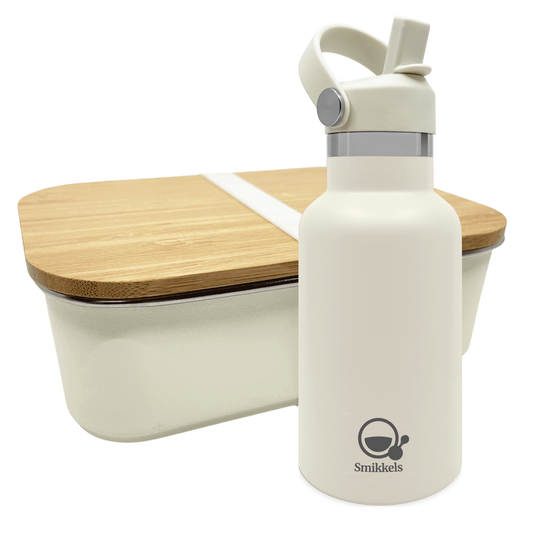 Smikkels set RVS thermos drinkfles en RVS lunchbox met bamboe deksel Wit