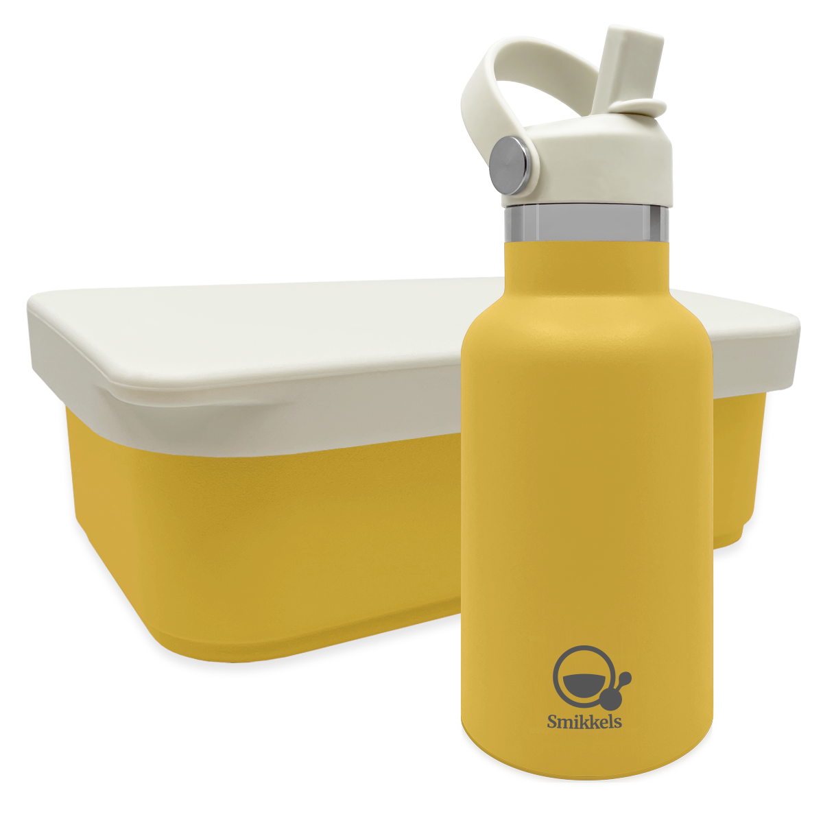 Smikkels set RVS thermos drinkfles en RVS lunchbox met siliconen deksel Geel