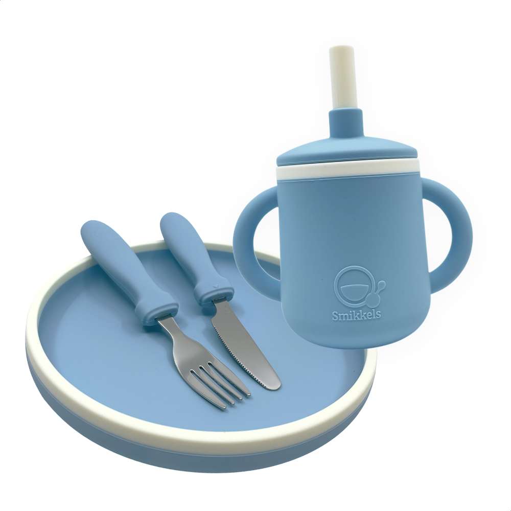 Blauwe eetset met bord bestel en drinkbeker met oren van Smikkels