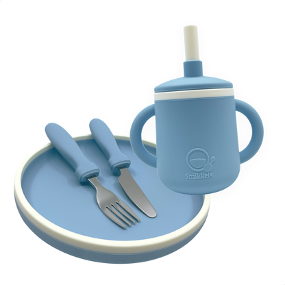 Blauwe eetset met bord bestel en drinkbeker met oren van Smikkels