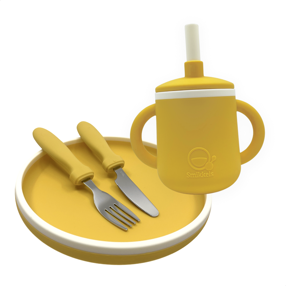 Gele eetset met bord bestel en drinkbeker met oren van Smikkels