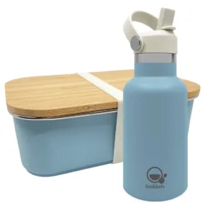 RVS Lunchset met thermosfles en bamboe deksel - Blauw